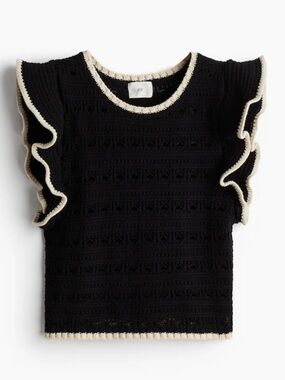 H&M Black Crochet Tank with Cream Trim and Ruffle Sleeves